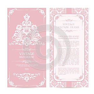 Vintage set of template ornamental borders and patterned background. Elegant lace wedding invitation design, Greeting Card, banner