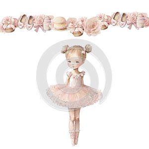 Vintage set of watercolor clipart baby girl ballerina, bellerina party