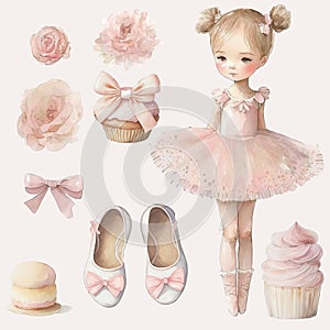 Vintage set of watercolor clipart baby girl ballerina, bellerina party