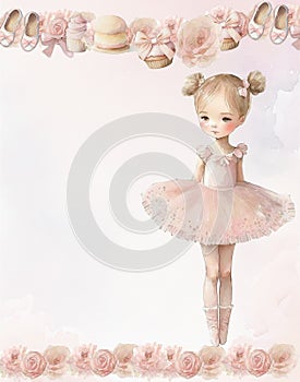 Vintage set of watercolor clipart baby girl ballerina, bellerina party