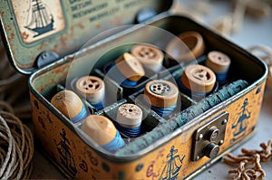 Vintage sewing kit with wooden spools and buttons in decorative tin box