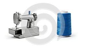Vintage Sewing Machine and Blue Thread on White Background