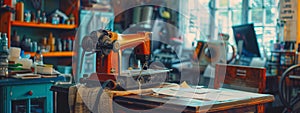 Vintage sewing machine in a cluttered workshop