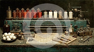 Vintage sewing machine with colorful spools and tools on a table