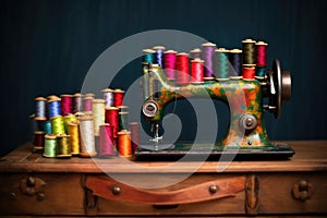 vintage sewing machine with colorful thread spools