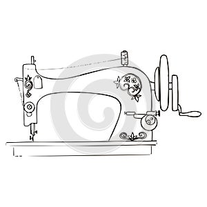 Vintage Sewing Machine Inky Illustration. Black ink old sewing machine vector illustration. photo