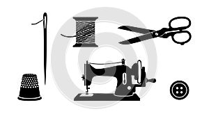 Vintage sewing machine needle thread scissors button thimble spool black silhouette vector illustration