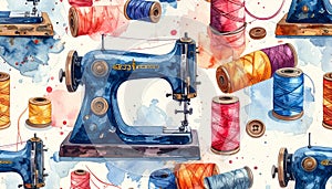 Vintage Sewing Machine and Thread Spools Pattern
