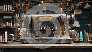 Vintage sewing machine on a wooden table with spools of thread