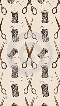 Vintage Sewing Pattern with Scissors and Thread Spools