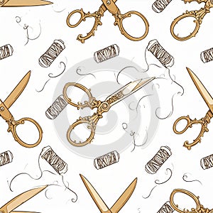 Vintage Sewing Pattern with Scissors and Thread Spools