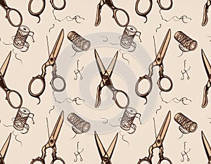 Vintage Sewing Pattern with Scissors and Thread Spools