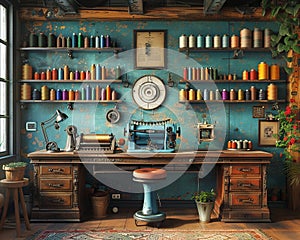 Vintage sewing room with antique machines and walls of colorful thread spools.3D render