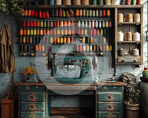 Vintage sewing room with antique machines and walls of colorful thread spools.3D render