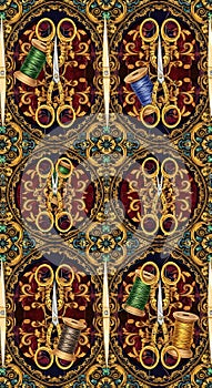 Vintage Sewing Scissors and Thread Spools Ornate Pattern
