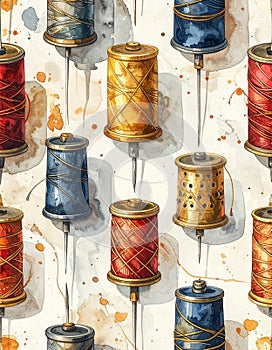 Vintage Sewing Thread Spools Watercolor Pattern