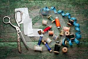 Vintage sewing tools and colored tape/Sewing kit