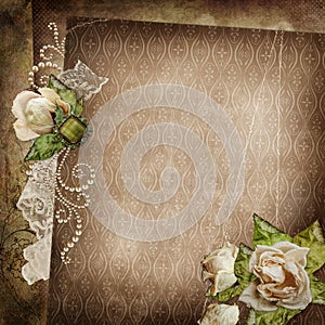 Vintage shabby background with faded roses, brooch and lace