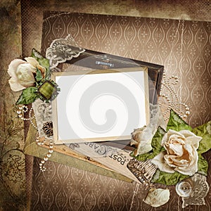 Vintage shabby background with frame, faded roses, old letters