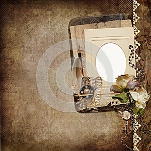 Vintage shabby background with frame, faded roses, old letters