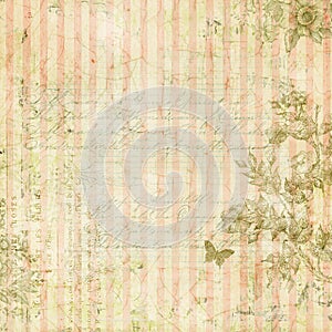 Vintage shabby chic pink striped background with floral frame and butterfly