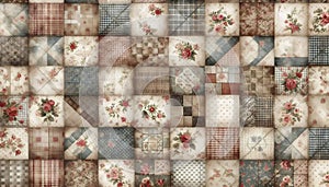 A vintage shabby chic quilting patchwork seamless pattern, Ai generated image