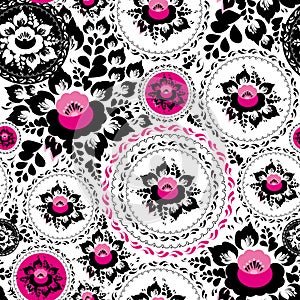 Vintage shabby Chic Seamless ornament pattern with Pink and Black flowers and leaves. Vector