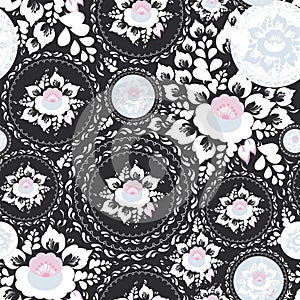 Vintage shabby Chic Seamless ornament, pattern with Pink and white flowers and leaves on black background. Vector