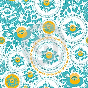 Vintage shabby Chic Seamless ornament pattern with turquoise and orange flowers and leaves. Vector