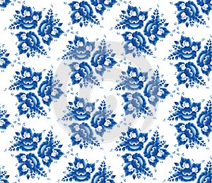 Vintage shabby Chic Seamless pattern with blue flowers and leaves. Vector