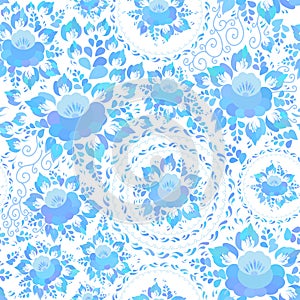 Vintage shabby Chic spring romantic decoration, pastel, Seamless pattern with sky blue flowers and leaves on white background Text