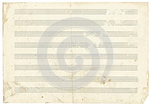 Vintage shabby dirty blank sheet of musical notebook in a line for writing notes. Five-line staff without key