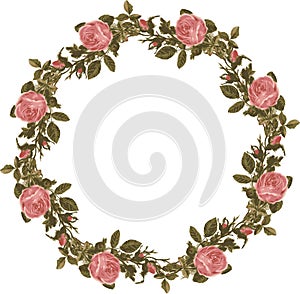 Vintage shabby floral roses wreath on isolated white background