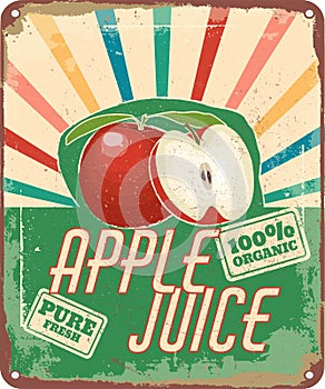 Vintage shabby slightly rusty advertising banner. fresh apple juice. vector illustration