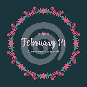Vintage shape of leaf and pink rose floral frame, for 14 February greeting card wallpaper design. Vector