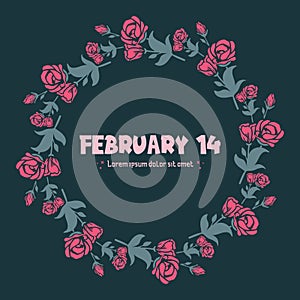 Vintage shape of leaf and pink rose floral frame, for 14 February greeting card wallpaper design. Vector