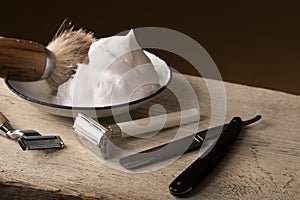 Vintage shaving Equipment on wooden Table