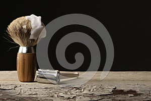 Vintage shaving Equipment on wooden Table