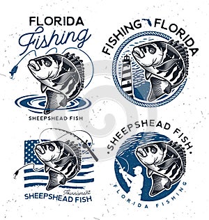 Vintage sheepshead fish emblems. and labels. Vector illustration.