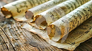 Vintage sheet music scrolls on wooden table