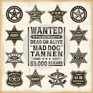 Vintage sheriff, marshal and ranger badges set