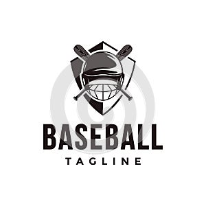 Vintage shield baseball logo with crossed wooden bat and Catcher`s helmet icon vector