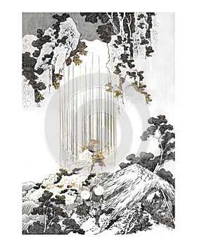 Vintage shiny golden Yoro waterfall illustration wall art print and poster design remix of original illustration by Hokusai photo