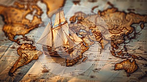 The vintage ship on world map. AI generated