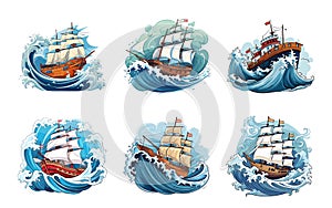 Vintage ships in waves. Sea or ocean traves, marine adventures. Nautical labels sailboats or vessels, vector cartoon