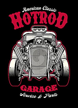 Vintage shirt design of hotrod car with big engine