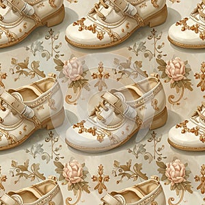 Vintage Shoes Pattern with Floral Background