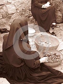 Vintage shooting of two women in a Sardinian village