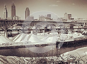 A vintage shot of Cleveland, Ohio over the Cuyahoga River