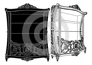 Vintage Showcase Cupboard Sideboard Vector. A Vector Illustration Of Glass Case.